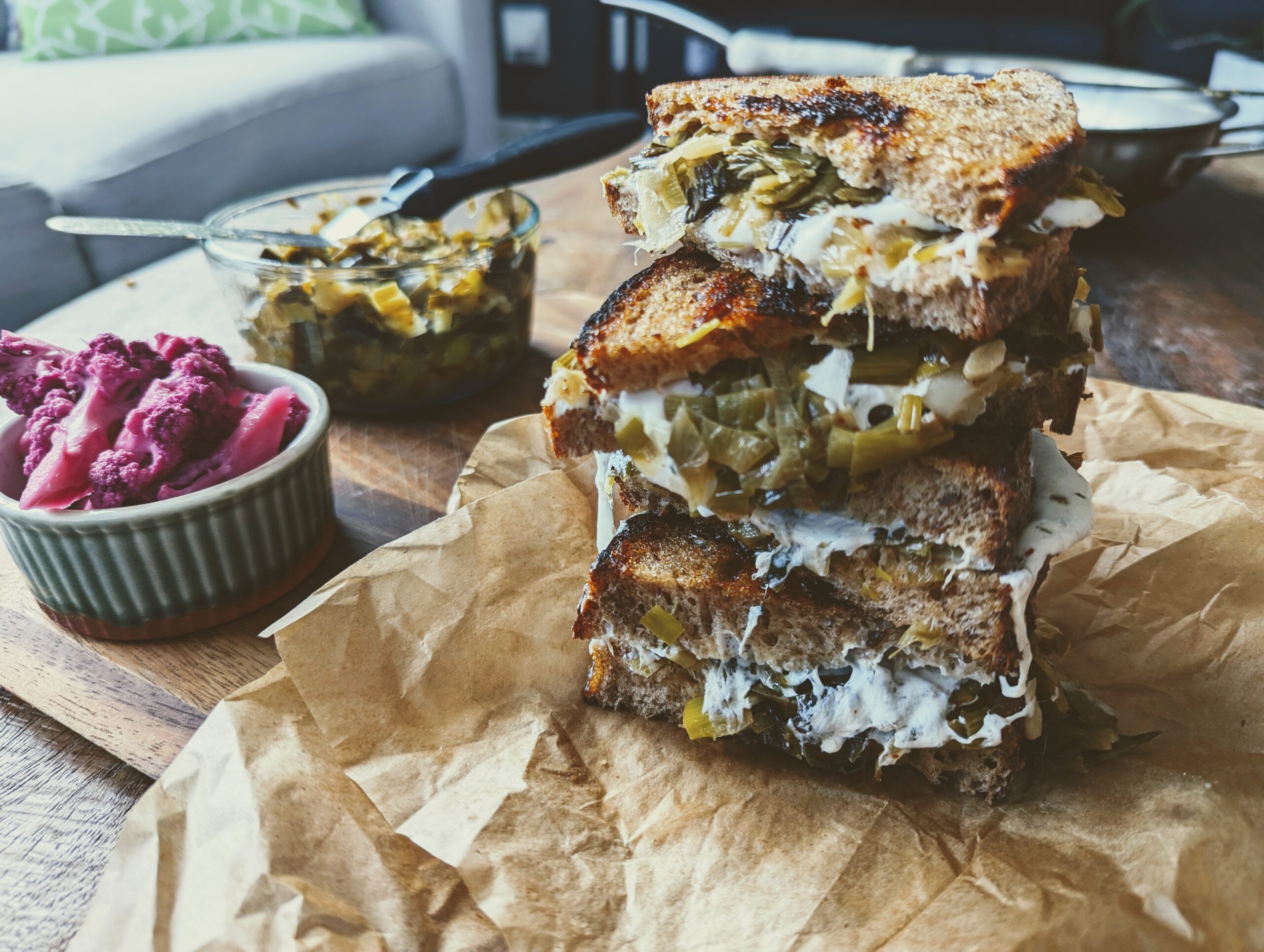 Wine-Braised Green Leek Grilled Cheese Sandwiches