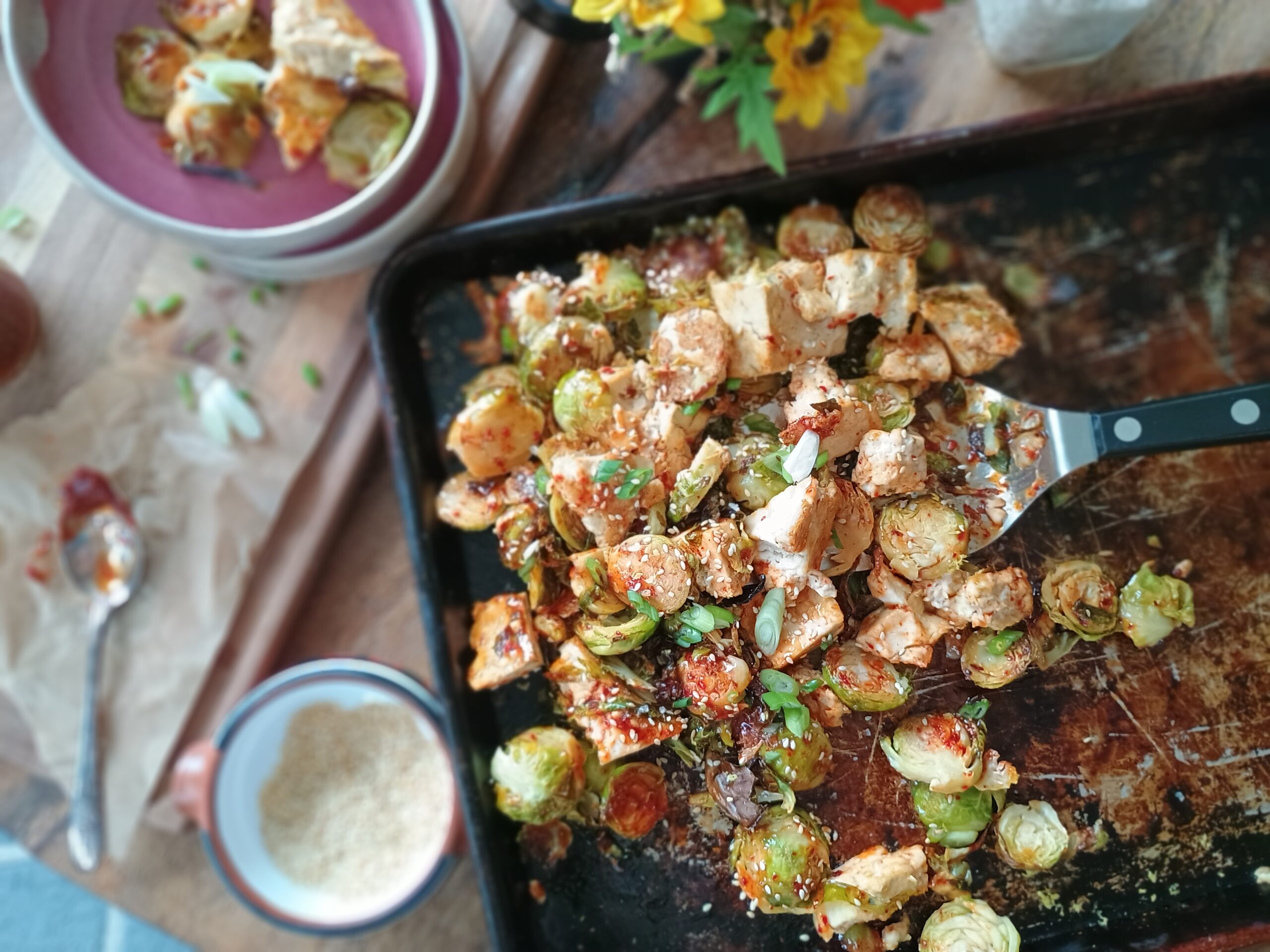 Roasted Brussels Sprouts with Honey Gochujang Butter; tofu protein optional  {gf}